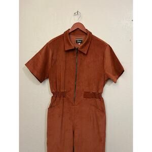 Deso Womens Corduroy Jumpsuit Coveralls XL Rust Brown Zip Front Short Sleeve USA
